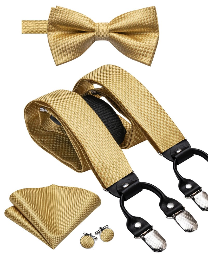 Dubulle Gold Suspenders for Men and Gold Bow Tie Pocket Square Set - Image 1